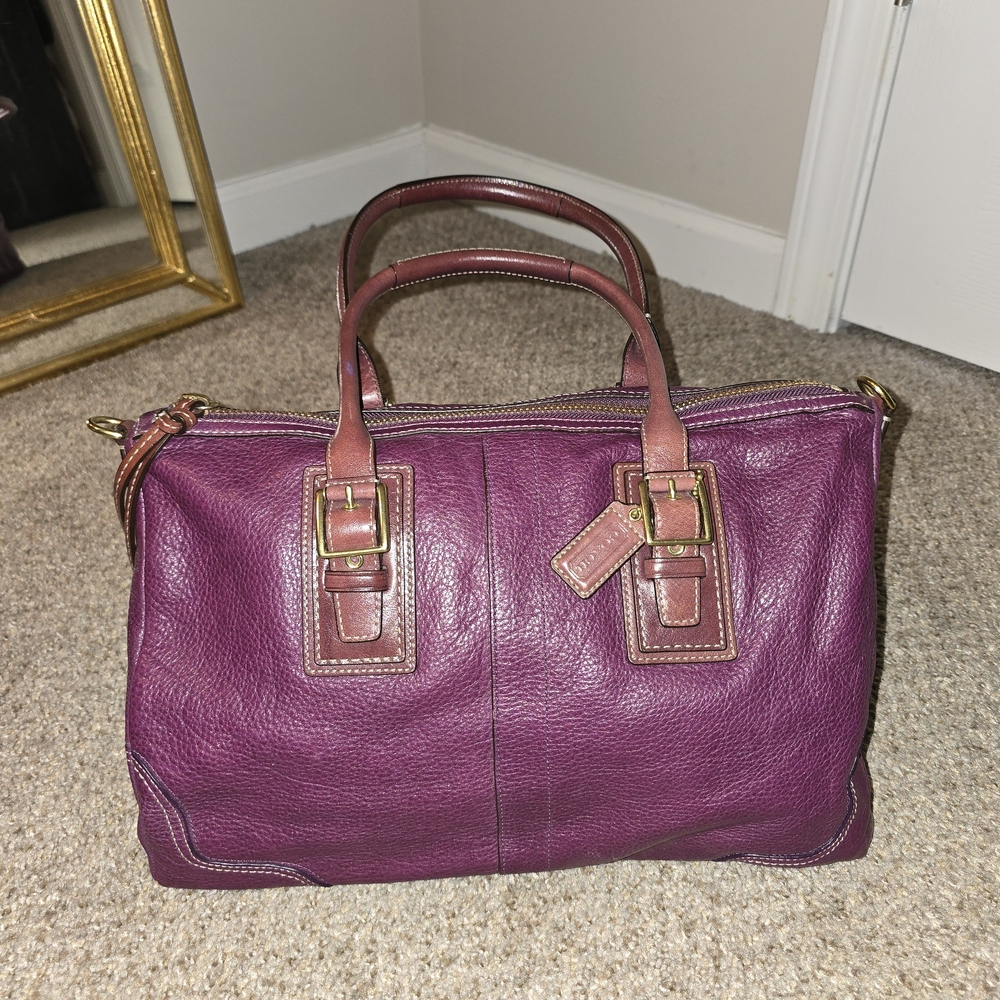Coach Genuine Pebbled Leather Hampton Satchel Bag In Berry With Brass Hardware